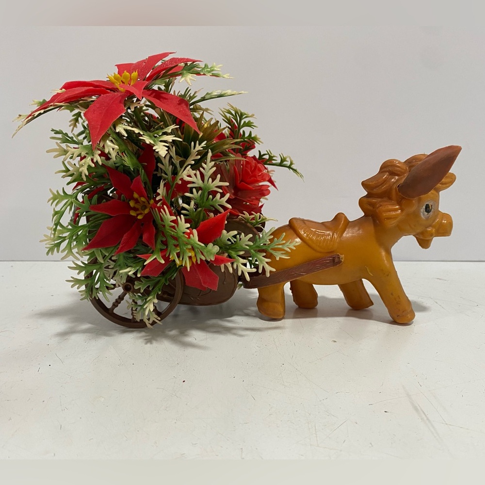 Vintage Christmas Donkey Cart Blow Mold Poinsettias Plastic Table Top Decoration